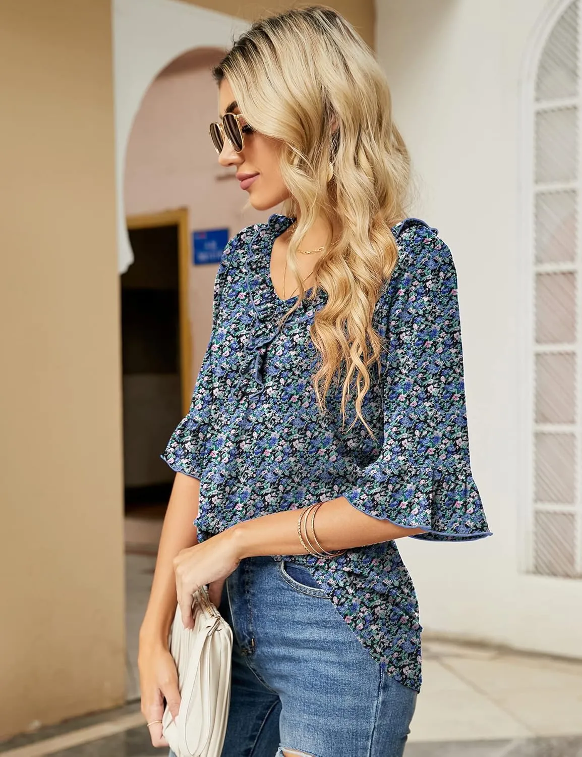 Ivicoer Women's Casual V Neck T Shirts Loose Summer Fall 3/4 Bell Sleeve Tops Ruffle Tunic Blouses
