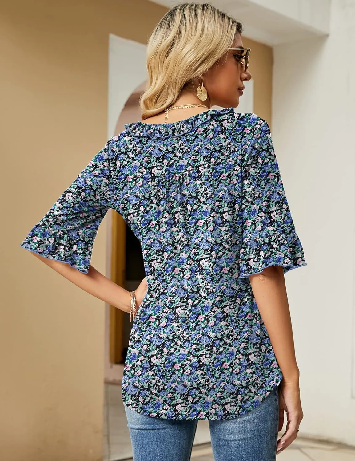 Ivicoer Women's Casual V Neck T Shirts Loose Summer Fall 3/4 Bell Sleeve Tops Ruffle Tunic Blouses