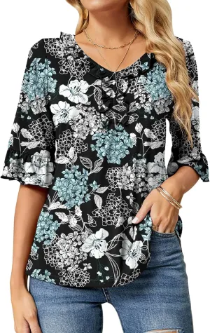 Ivicoer Women's Casual V Neck T Shirts Loose Summer Fall 3/4 Bell Sleeve Tops Ruffle Tunic Blouses