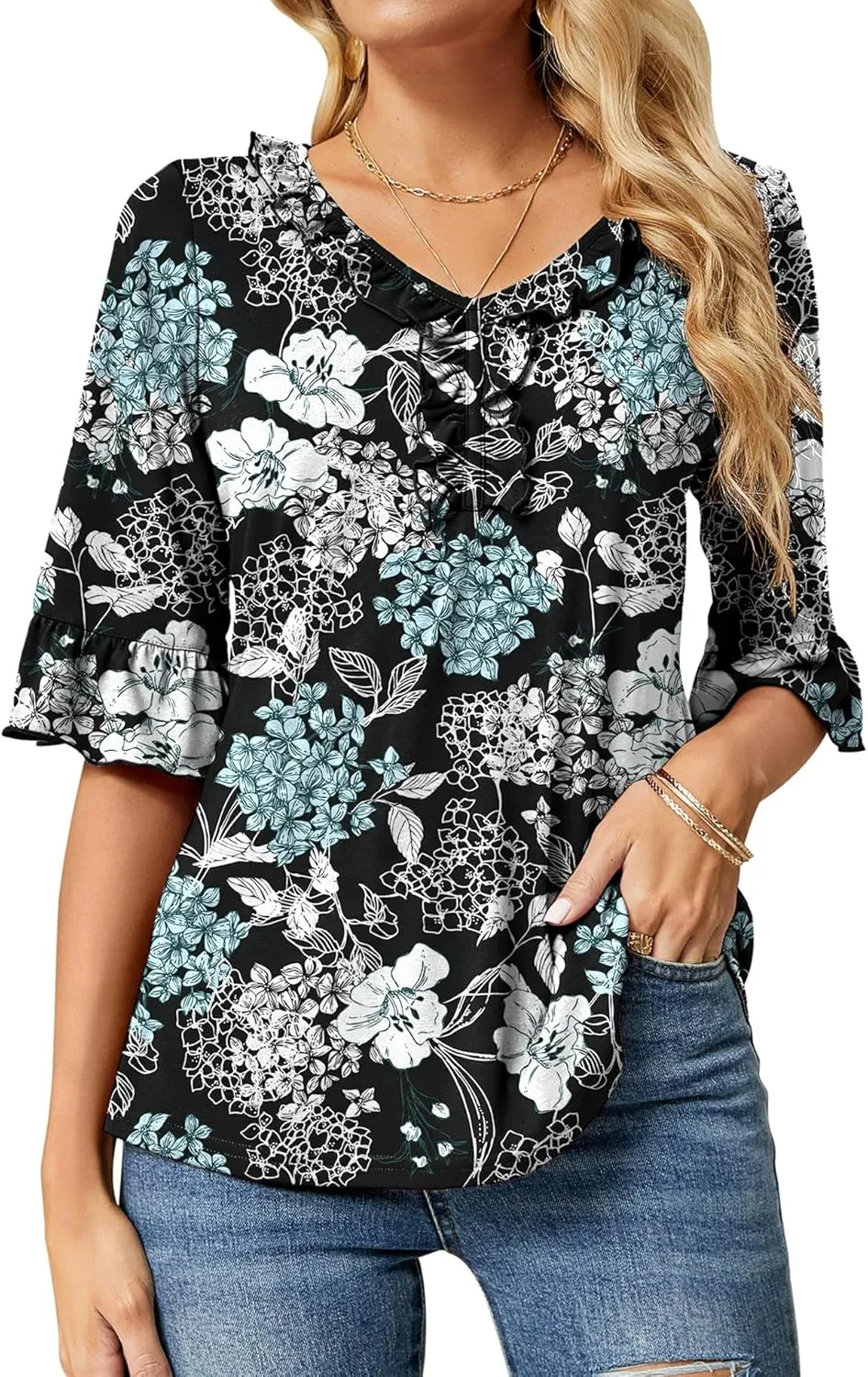 Ivicoer Women's Casual V Neck T Shirts Loose Summer Fall 3/4 Bell Sleeve Tops Ruffle Tunic Blouses