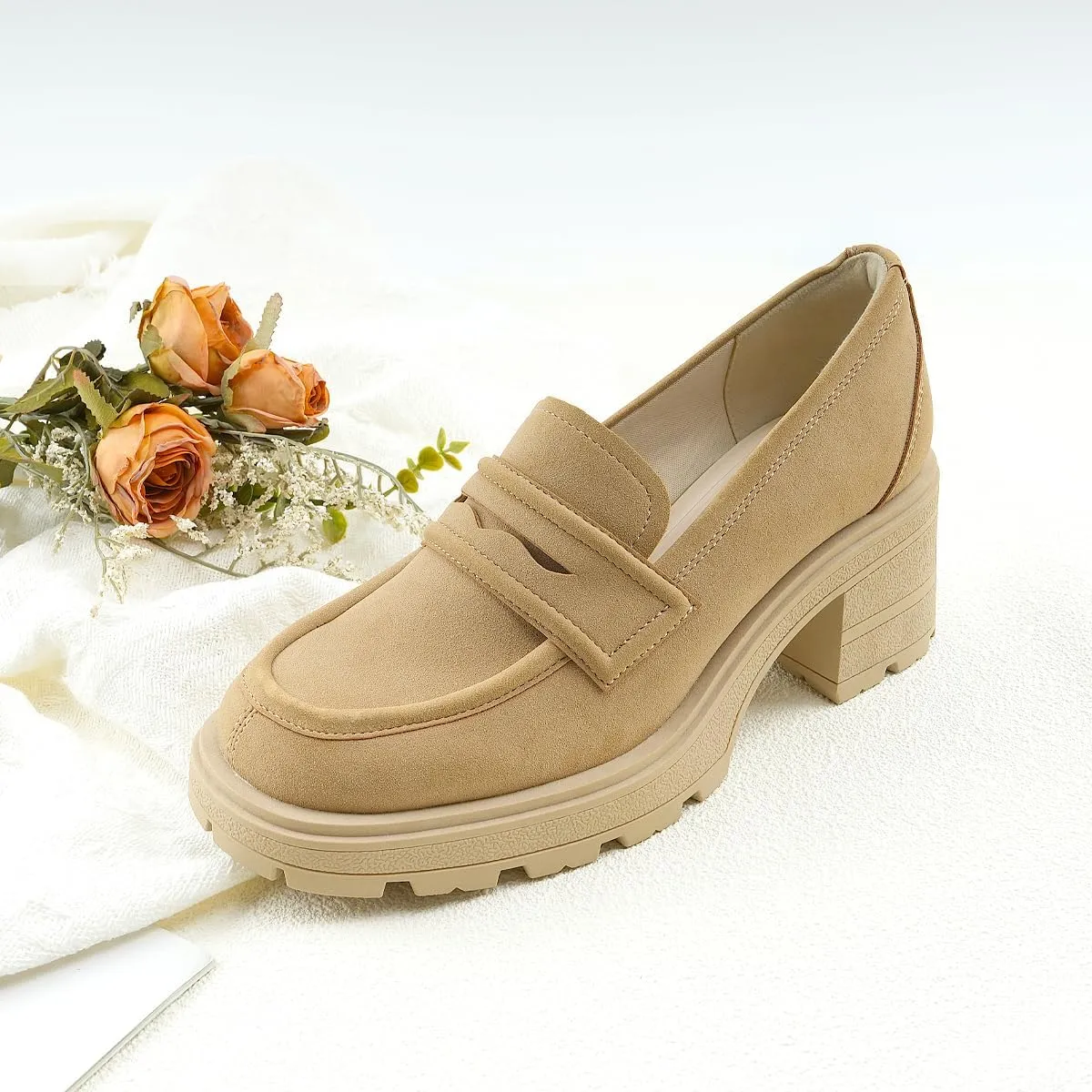 JENN ARDOR Chunky Block Heel Loafers for Women Closed Round Toe Platform Pumps Slip On Dress Shoes Wedding Party Office Lady Shoes