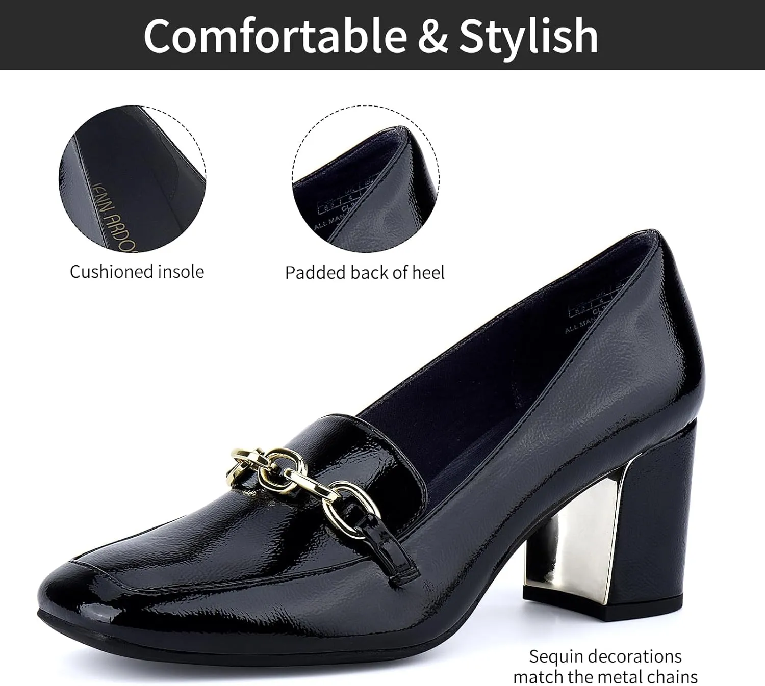 JENN ARDOR Heeled Loafers for Women Block Heel Loafers Comfortable Square Toe Chunky Pumps for Women Work Heels Office Shoes Ladies Professional Classy Dressy Shoes with Chain