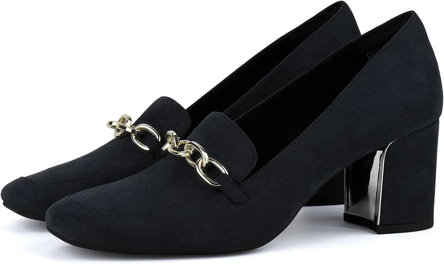 JENN ARDOR Heeled Loafers for Women Block Heel Loafers Comfortable Square Toe Chunky Pumps for Women Work Heels Office Shoes Ladies Professional Classy Dressy Shoes with Chain