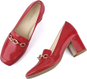JENN ARDOR Heeled Loafers for Women Block Heel Loafers Comfortable Square Toe Chunky Pumps for Women Work Heels Office Shoes Ladies Professional Classy Dressy Shoes with Chain