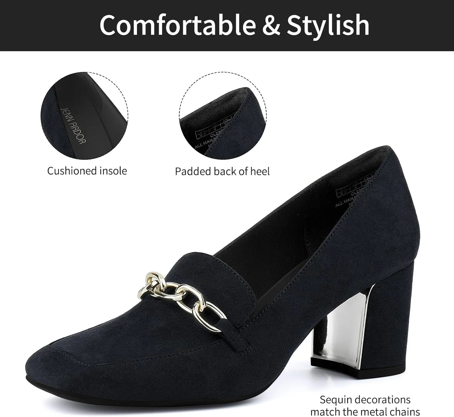 JENN ARDOR Heeled Loafers for Women Block Heel Loafers Comfortable Square Toe Chunky Pumps for Women Work Heels Office Shoes Ladies Professional Classy Dressy Shoes with Chain
