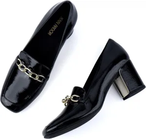 JENN ARDOR Heeled Loafers for Women Block Heel Loafers Comfortable Square Toe Chunky Pumps for Women Work Heels Office Shoes Ladies Professional Classy Dressy Shoes with Chain