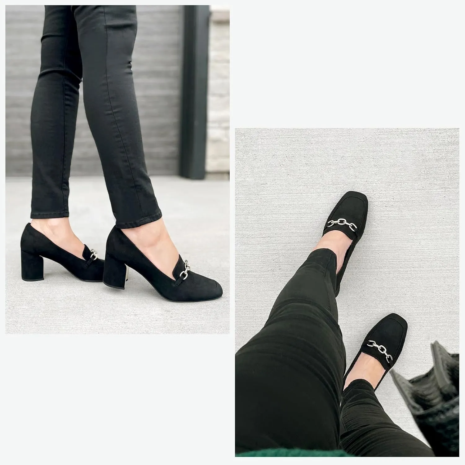 JENN ARDOR Heeled Loafers for Women Block Heel Loafers Comfortable Square Toe Chunky Pumps for Women Work Heels Office Shoes Ladies Professional Classy Dressy Shoes with Chain