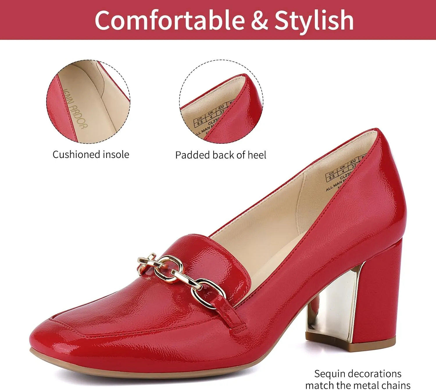 JENN ARDOR Heeled Loafers for Women Block Heel Loafers Comfortable Square Toe Chunky Pumps for Women Work Heels Office Shoes Ladies Professional Classy Dressy Shoes with Chain