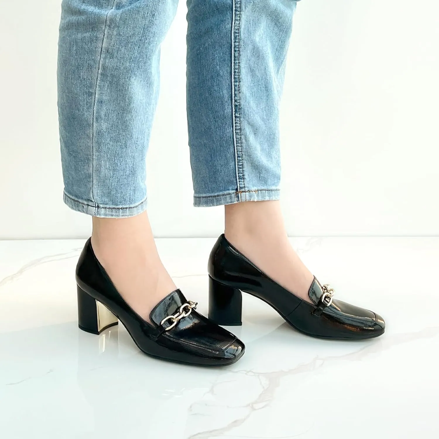JENN ARDOR Heeled Loafers for Women Block Heel Loafers Comfortable Square Toe Chunky Pumps for Women Work Heels Office Shoes Ladies Professional Classy Dressy Shoes with Chain