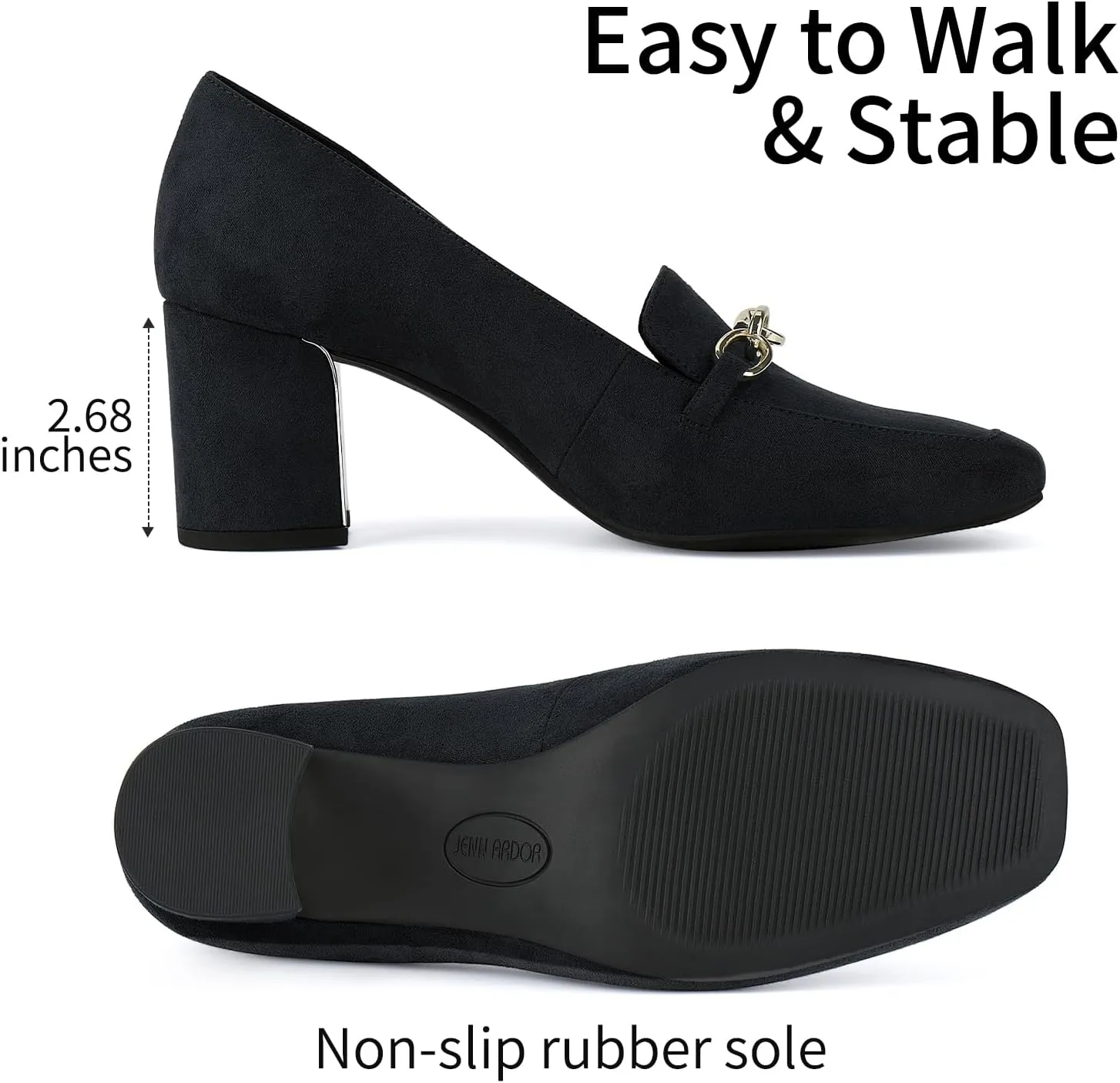 JENN ARDOR Heeled Loafers for Women Block Heel Loafers Comfortable Square Toe Chunky Pumps for Women Work Heels Office Shoes Ladies Professional Classy Dressy Shoes with Chain