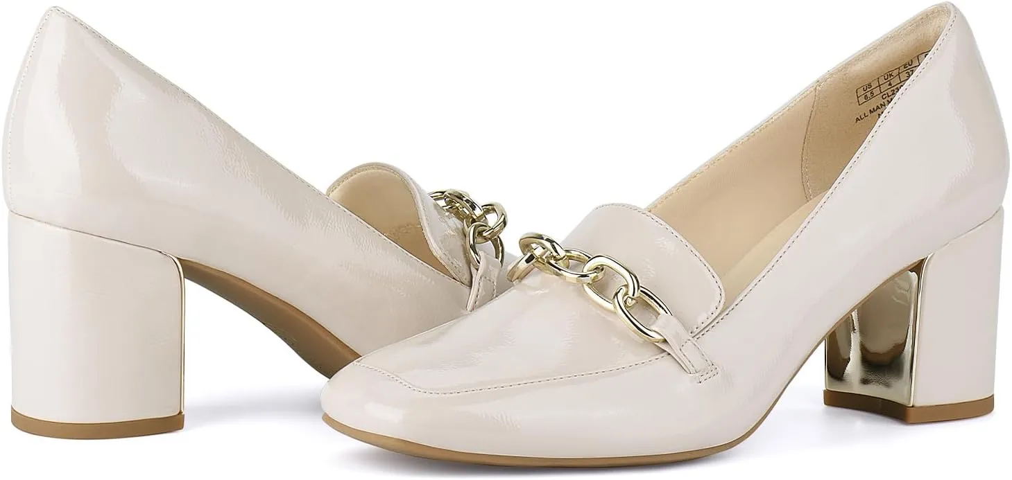 JENN ARDOR Heeled Loafers for Women Block Heel Loafers Comfortable Square Toe Chunky Pumps for Women Work Heels Office Shoes Ladies Professional Classy Dressy Shoes with Chain