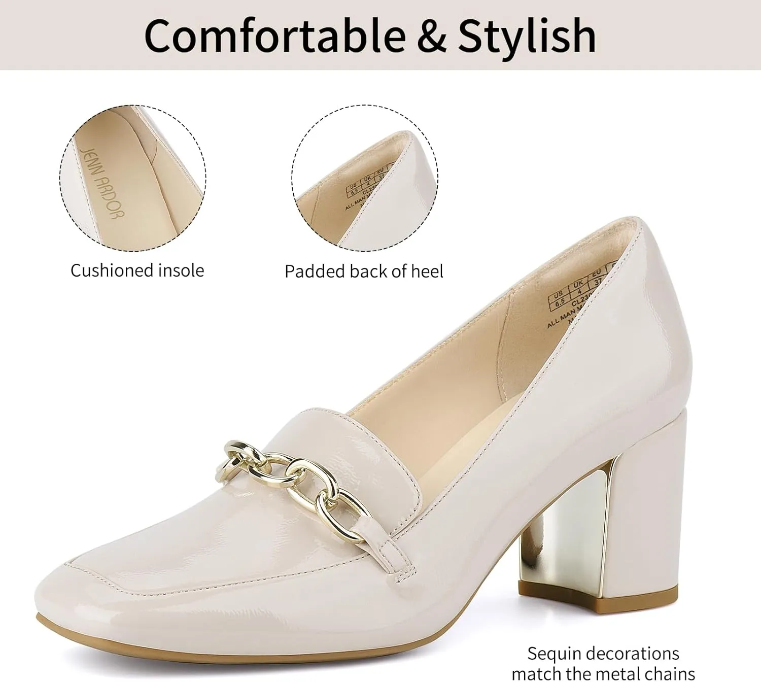 JENN ARDOR Heeled Loafers for Women Block Heel Loafers Comfortable Square Toe Chunky Pumps for Women Work Heels Office Shoes Ladies Professional Classy Dressy Shoes with Chain