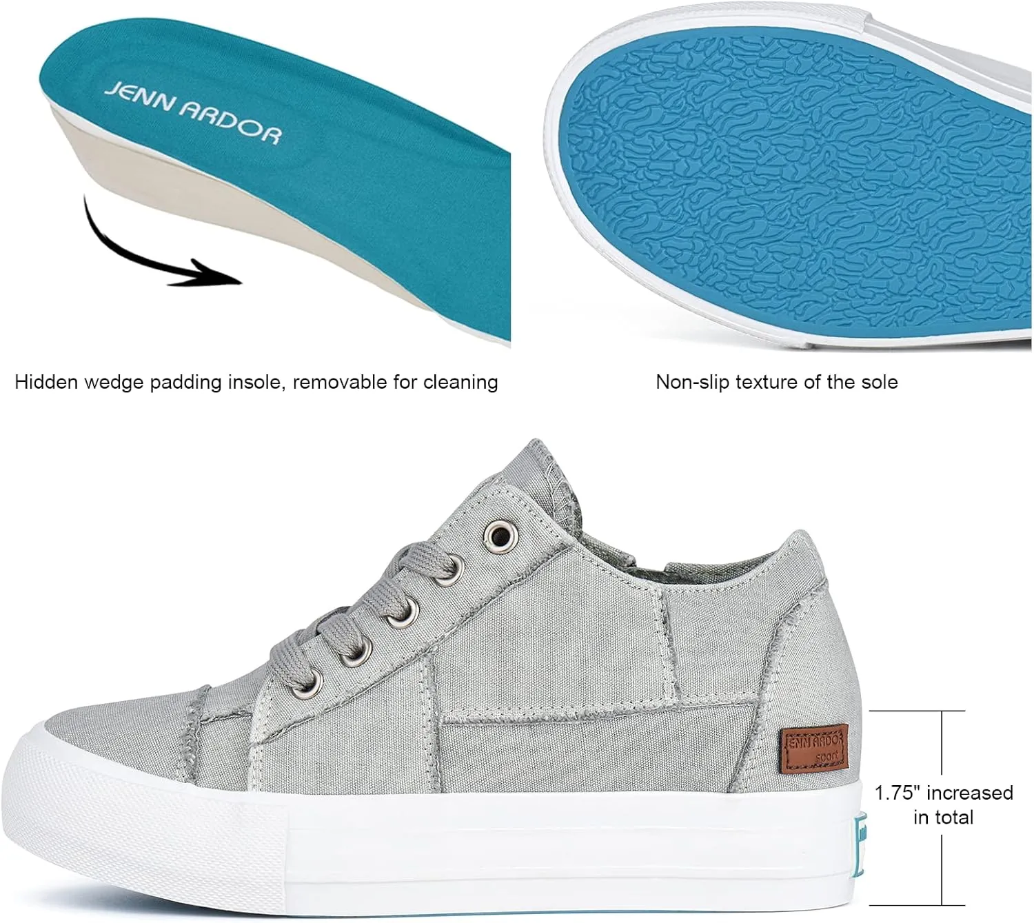 JENN ARDOR Wedge Sneakers for Women Fashion Canvas Shoes Casual Platform Hidden Heel Womens Slip On Sneaker Non Slip Side Zipper