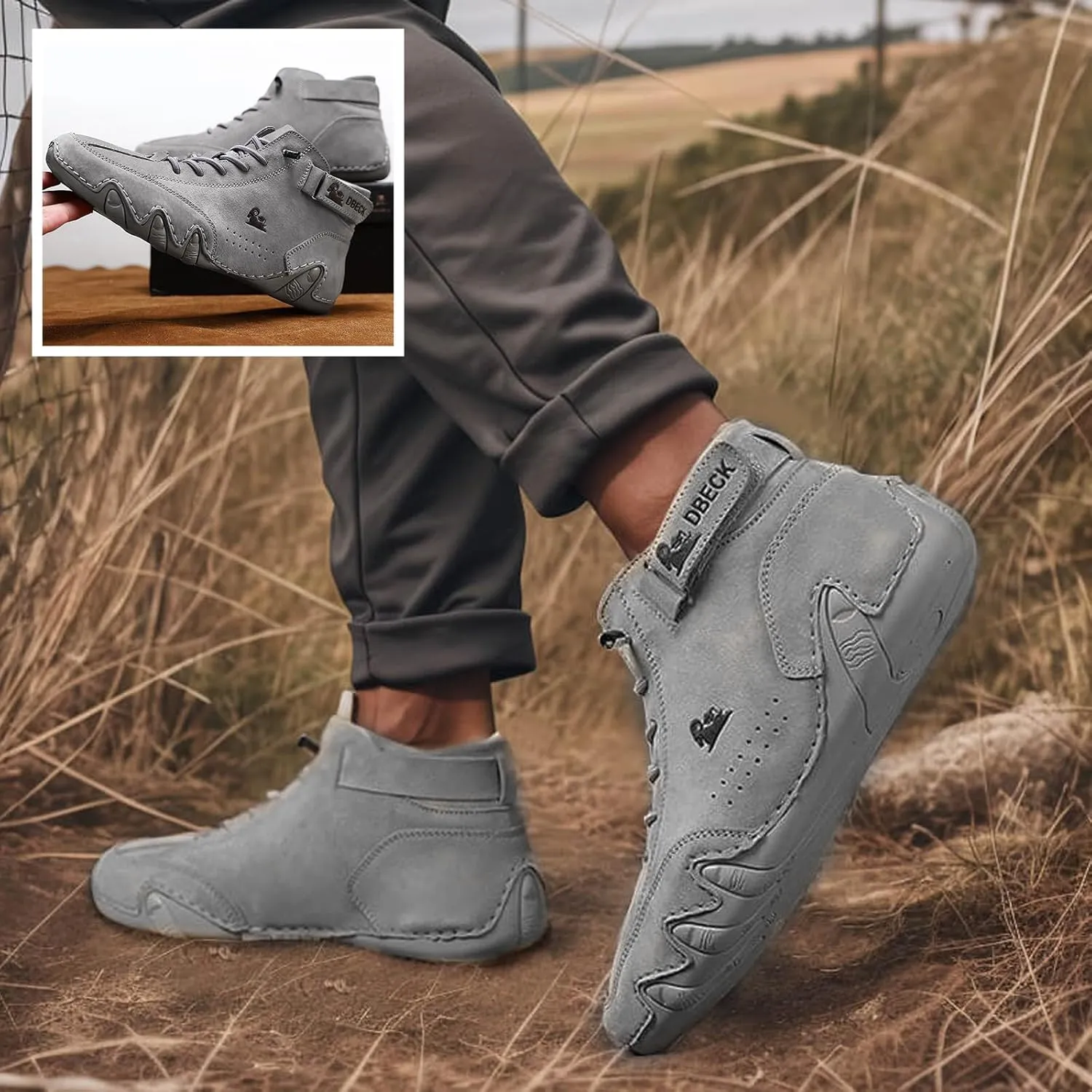 JishinGal Italian Handmade Suede High Boots Men's Casual Walking Boots Cozy Non-Slip Shoes Lightweight Hike Footwear