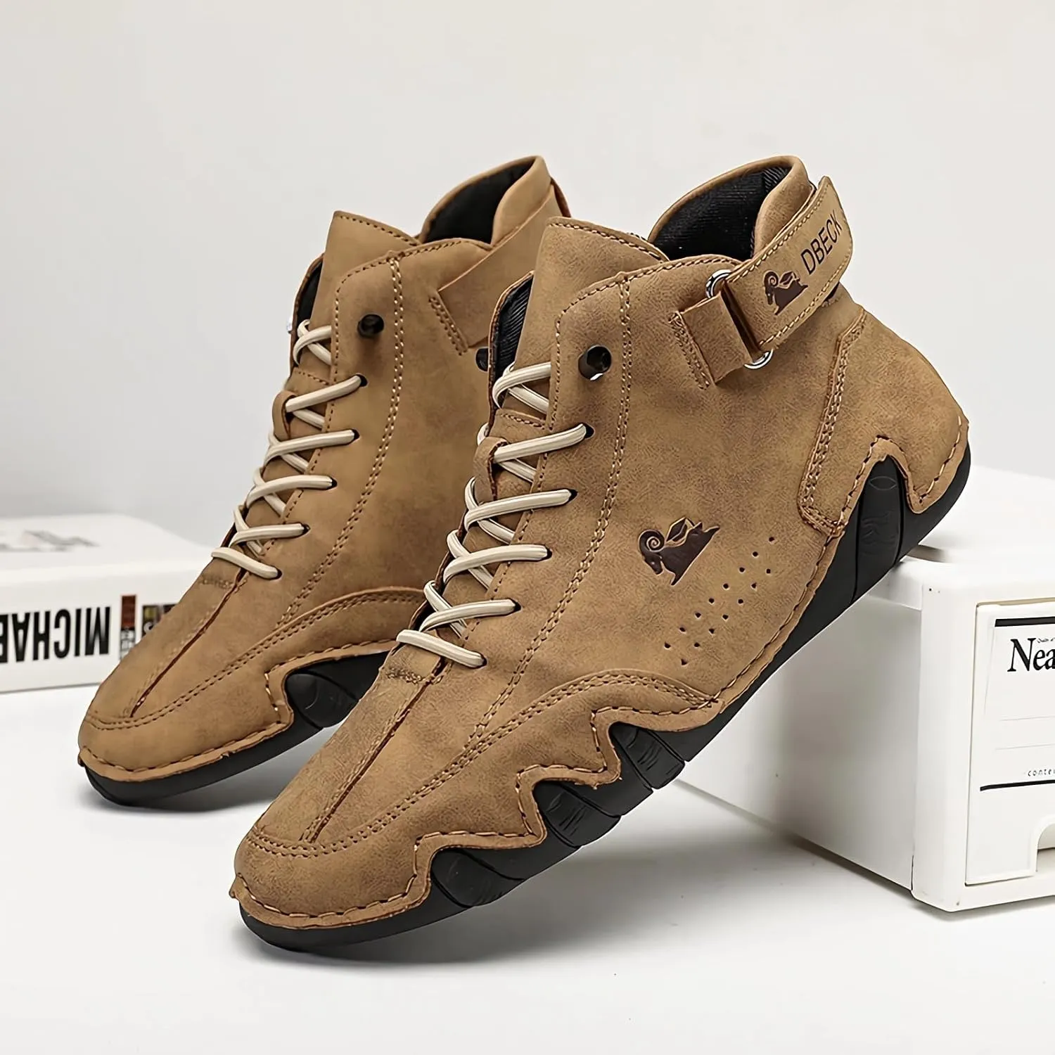 JishinGal Italian Handmade Suede High Boots Men's Casual Walking Boots Cozy Non-Slip Shoes Lightweight Hike Footwear