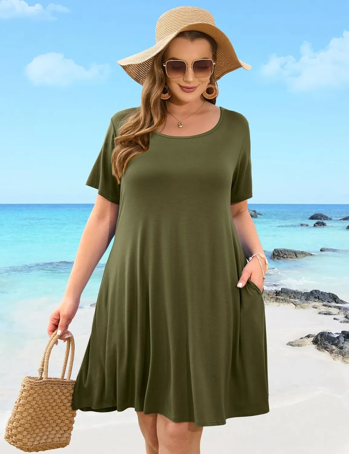 JollieLovin Plus Size Summer T-Shirt Casual Dresses for Curvy Women Flowy Swing
