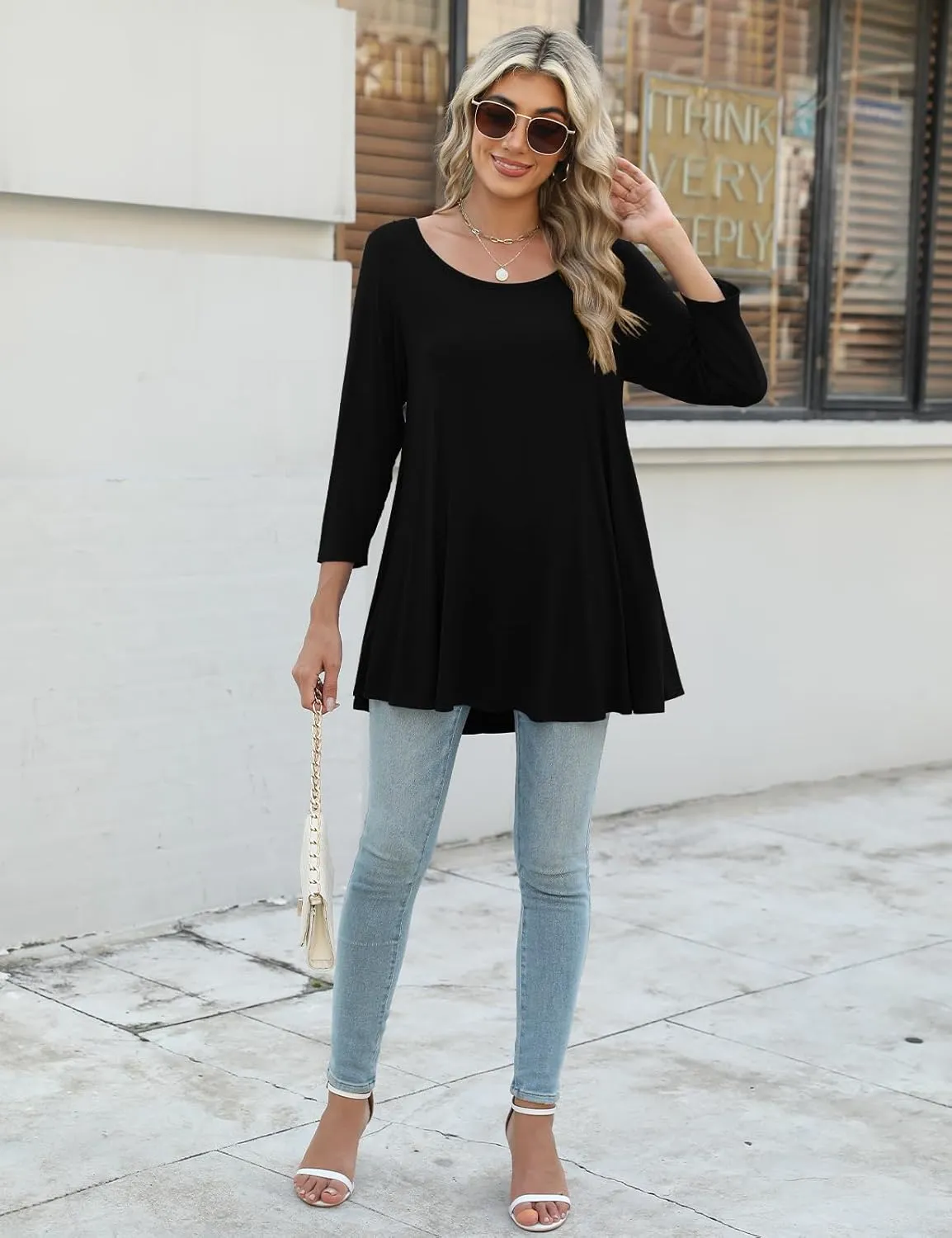 JollieLovin Womens 3/4 Sleeve Loose Fit Swing Tunic Tops Basic T Shirt