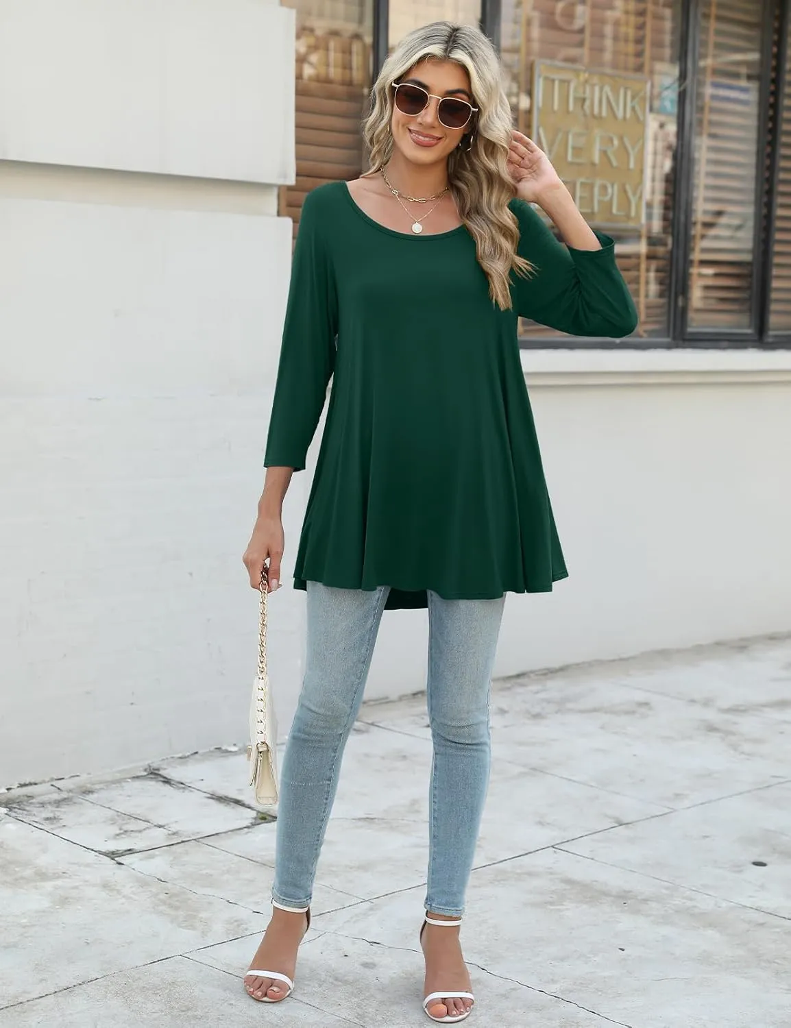 JollieLovin Womens 3/4 Sleeve Loose Fit Swing Tunic Tops Basic T Shirt