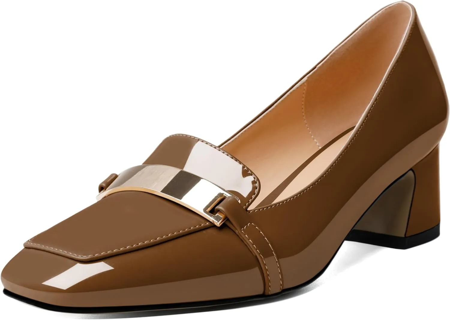 Joseywade Low Heels for Women Block Chunky Heels Slip On 2 Inch Toe Pumps Loafers Square Toe Metal Bar Shoes