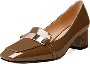 Joseywade Low Heels for Women Block Chunky Heels Slip On 2 Inch Toe Pumps Loafers Square Toe Metal Bar Shoes