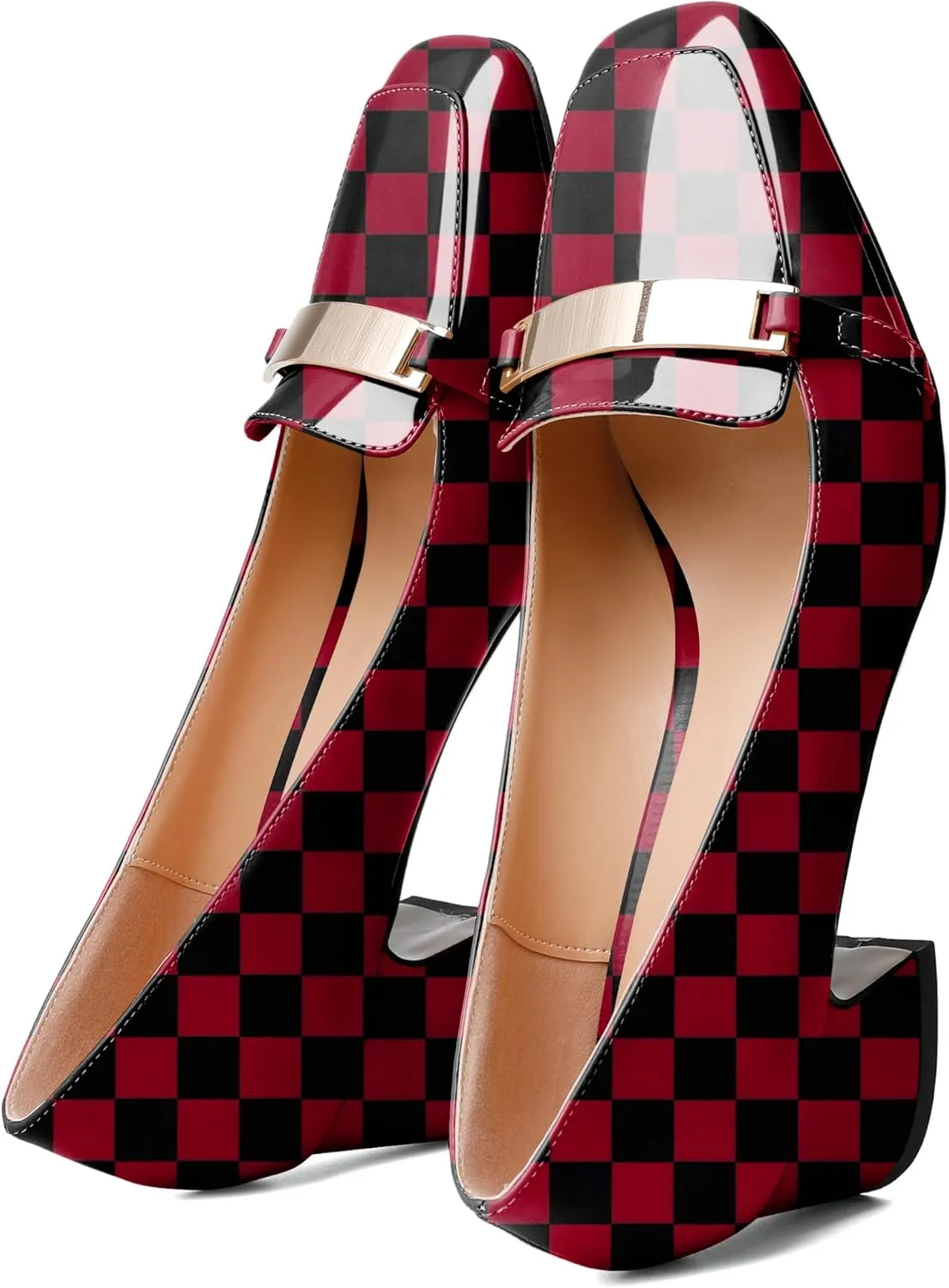 Joseywade Low Heels for Women Block Chunky Heels Slip On 2 Inch Toe Pumps Loafers Square Toe Metal Bar Shoes