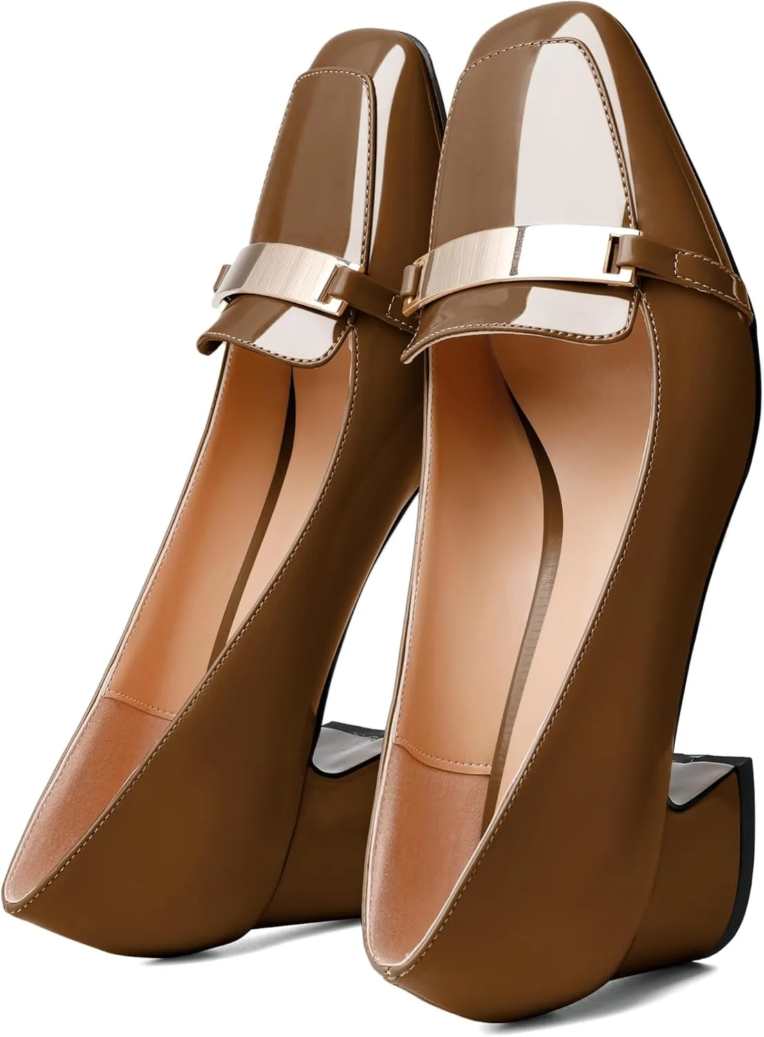 Joseywade Low Heels for Women Block Chunky Heels Slip On 2 Inch Toe Pumps Loafers Square Toe Metal Bar Shoes
