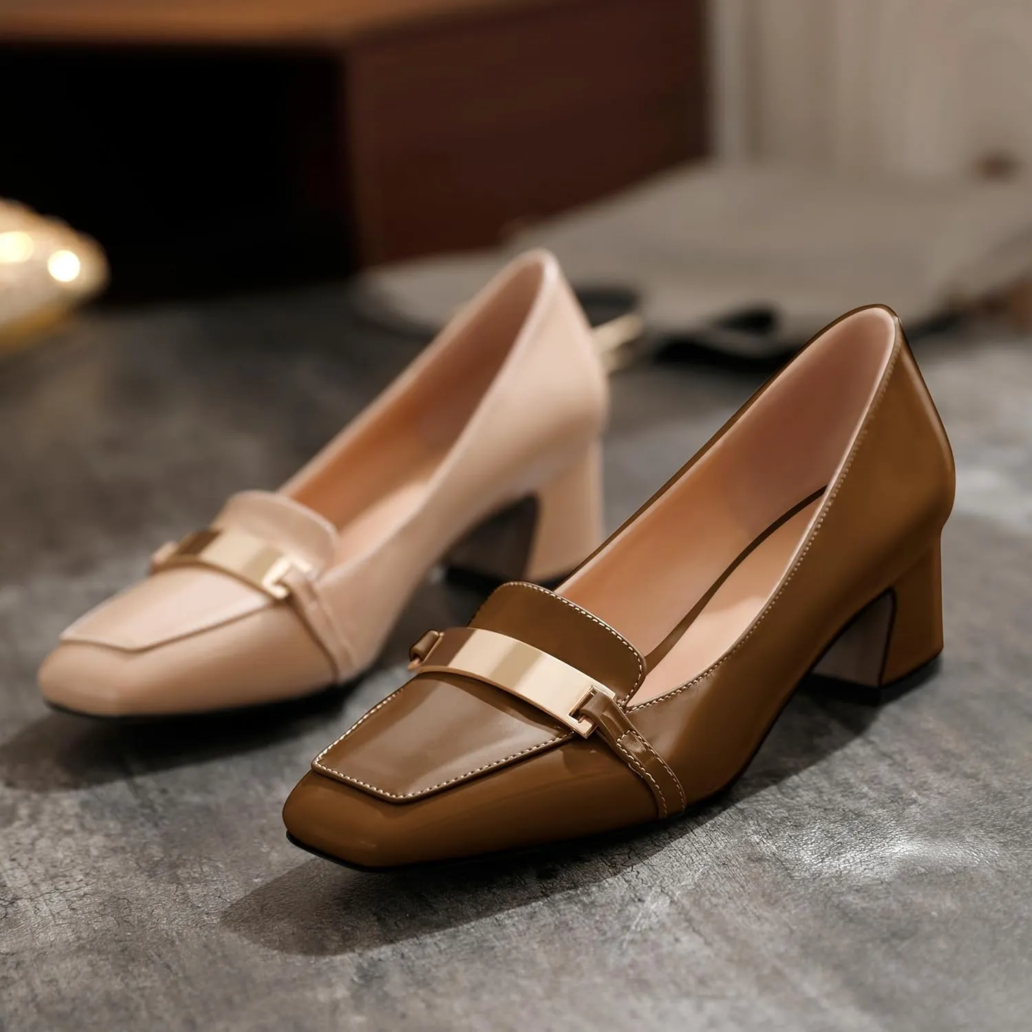 Joseywade Low Heels for Women Block Chunky Heels Slip On 2 Inch Toe Pumps Loafers Square Toe Metal Bar Shoes