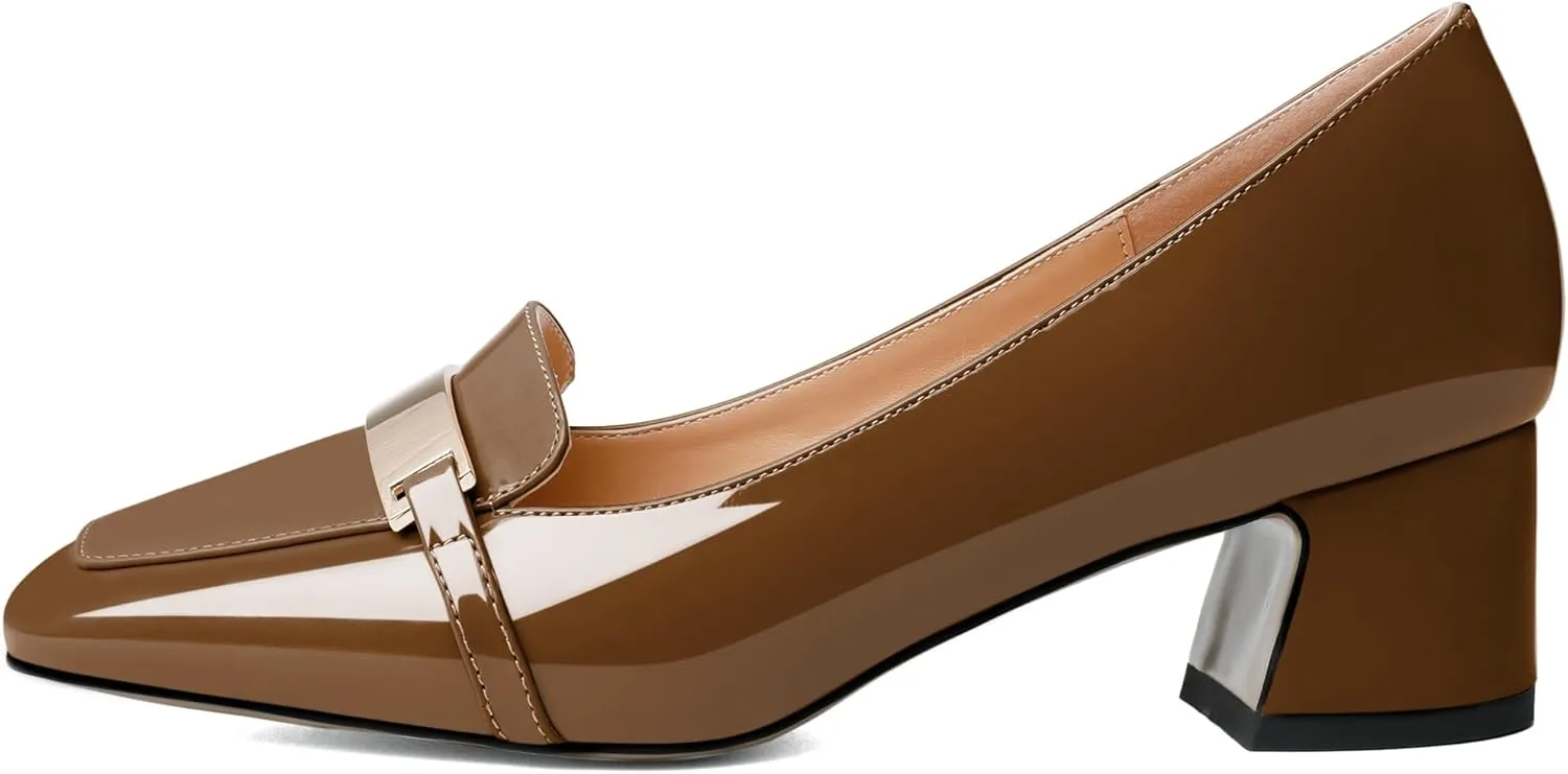 Joseywade Low Heels for Women Block Chunky Heels Slip On 2 Inch Toe Pumps Loafers Square Toe Metal Bar Shoes