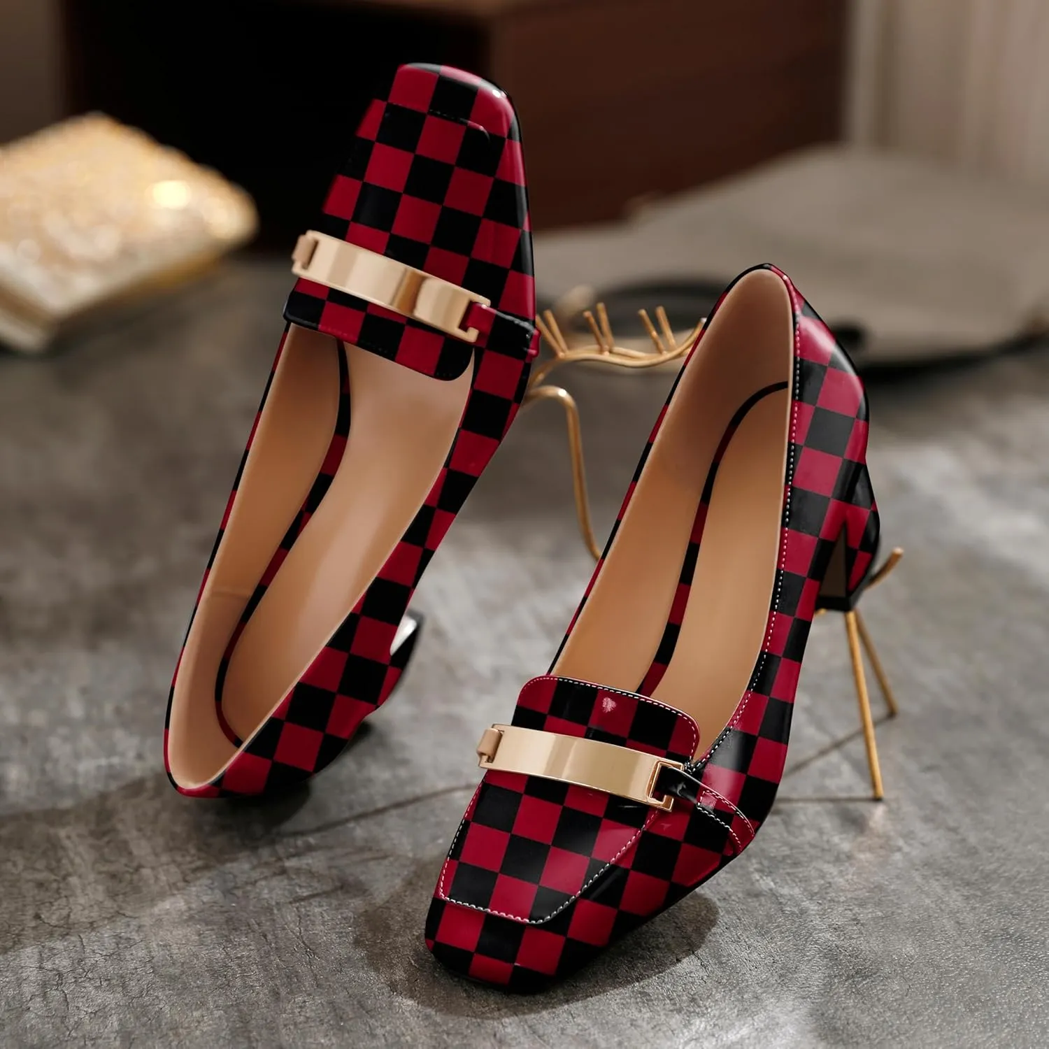 Joseywade Low Heels for Women Block Chunky Heels Slip On 2 Inch Toe Pumps Loafers Square Toe Metal Bar Shoes