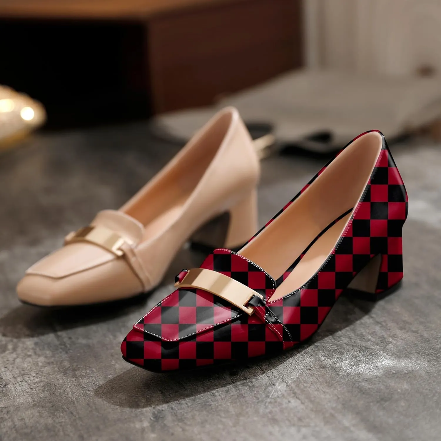 Joseywade Low Heels for Women Block Chunky Heels Slip On 2 Inch Toe Pumps Loafers Square Toe Metal Bar Shoes