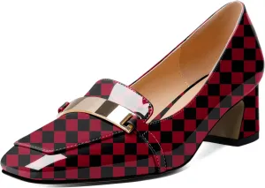 Joseywade Low Heels for Women Block Chunky Heels Slip On 2 Inch Toe Pumps Loafers Square Toe Metal Bar Shoes