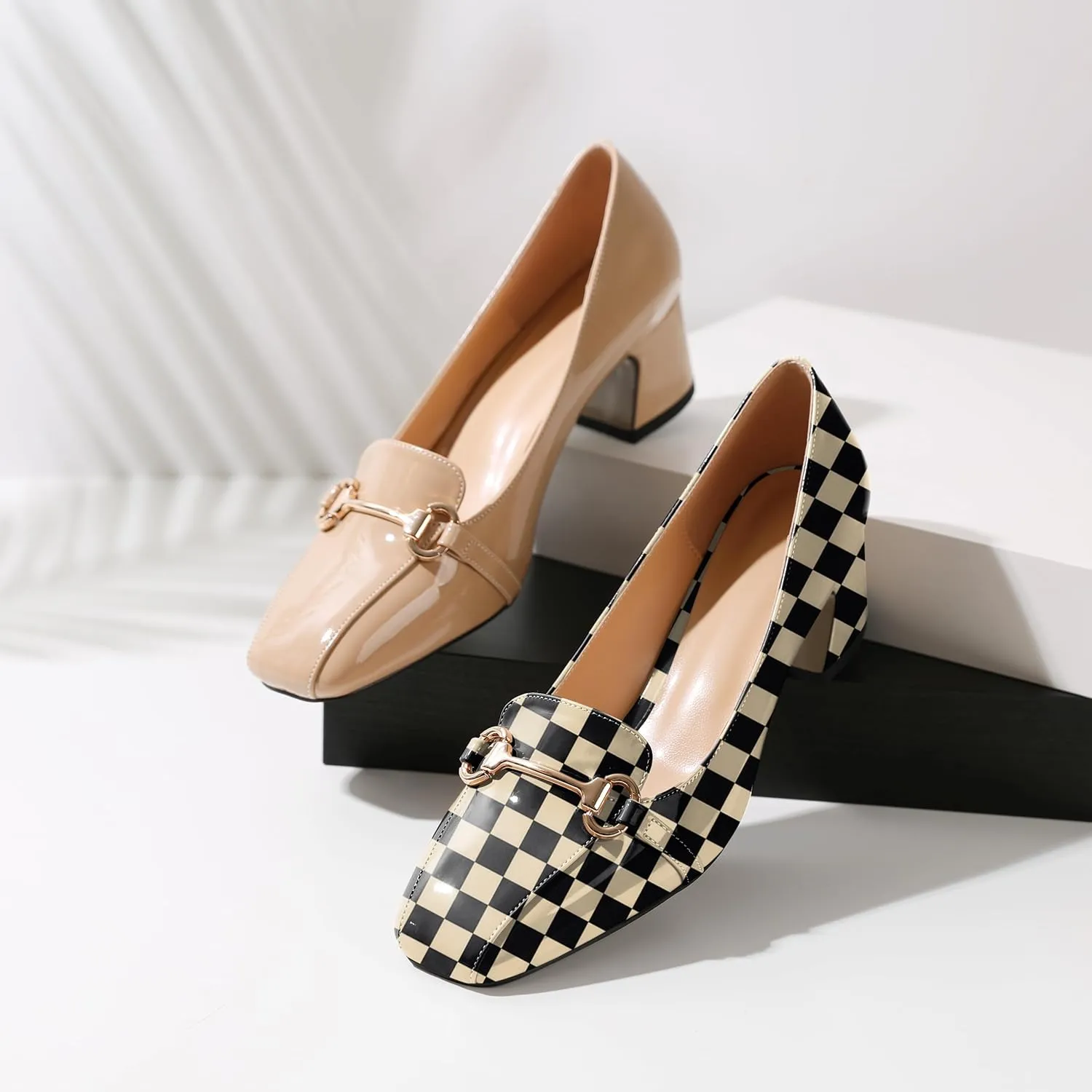 Joseywade Women's Chunky Heels Square Toe Low Block Heel Pump Metal Buckle Comfort 2 Inch Wedding Party Working Daily Dress Shoes