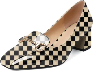 Joseywade Women's Chunky Heels Square Toe Low Block Heel Pump Metal Buckle Comfort 2 Inch Wedding Party Working Daily Dress Shoes