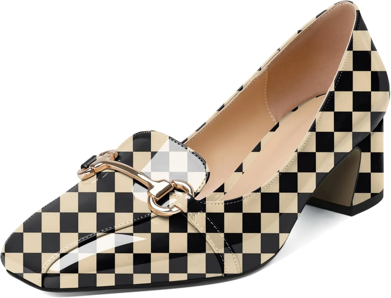 Joseywade Women's Chunky Heels Square Toe Low Block Heel Pump Metal Buckle Comfort 2 Inch Wedding Party Working Daily Dress Shoes