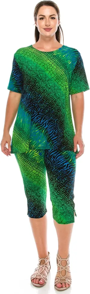 Jostar Women's 2 Piece Set – Plus Size Short Sleeve T Shirts Top and Capri Pants with Side Slit Stretchy Casual Outfit