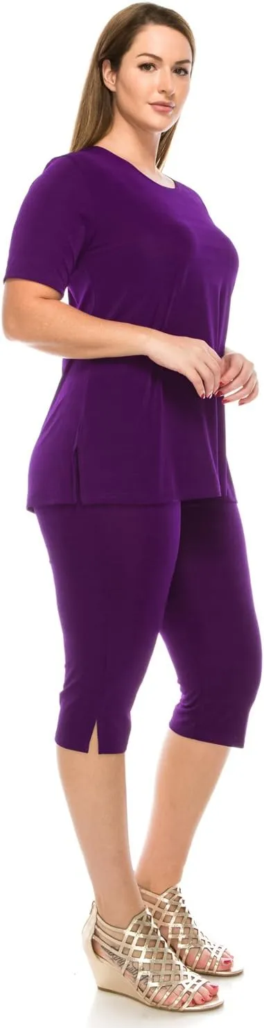 Jostar Women's 2 Piece Set – Short Sleeve T Shirts Top and Capri Pants with Side Slit Solid Casual Outfit