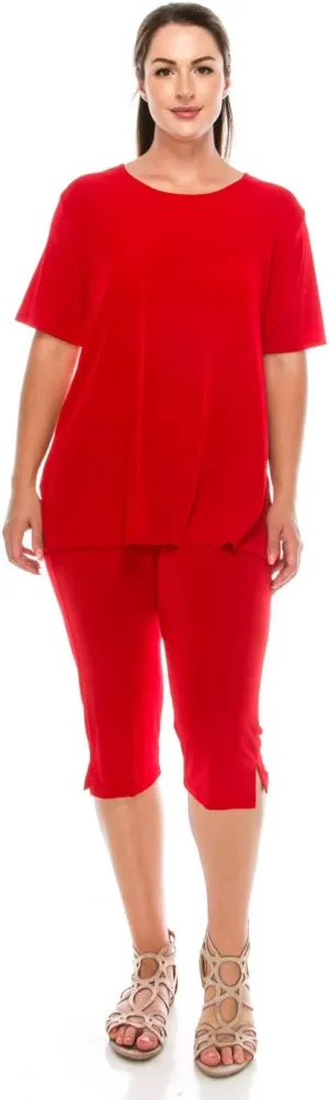 Jostar Women's 2 Piece Set – Short Sleeve T Shirts Top and Capri Pants with Side Slit Solid Casual Outfit