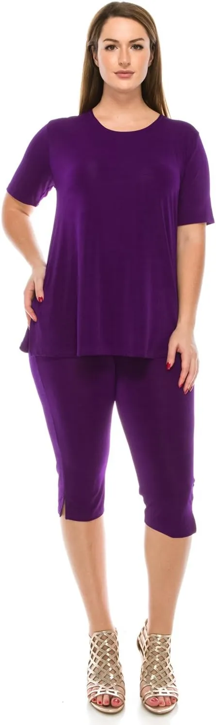 Jostar Women's 2 Piece Set – Short Sleeve T Shirts Top and Capri Pants with Side Slit Solid Casual Outfit