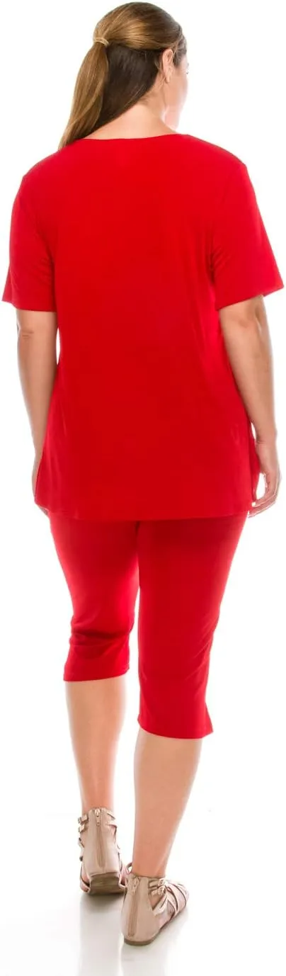 Jostar Women's 2 Piece Set – Short Sleeve T Shirts Top and Capri Pants with Side Slit Solid Casual Outfit