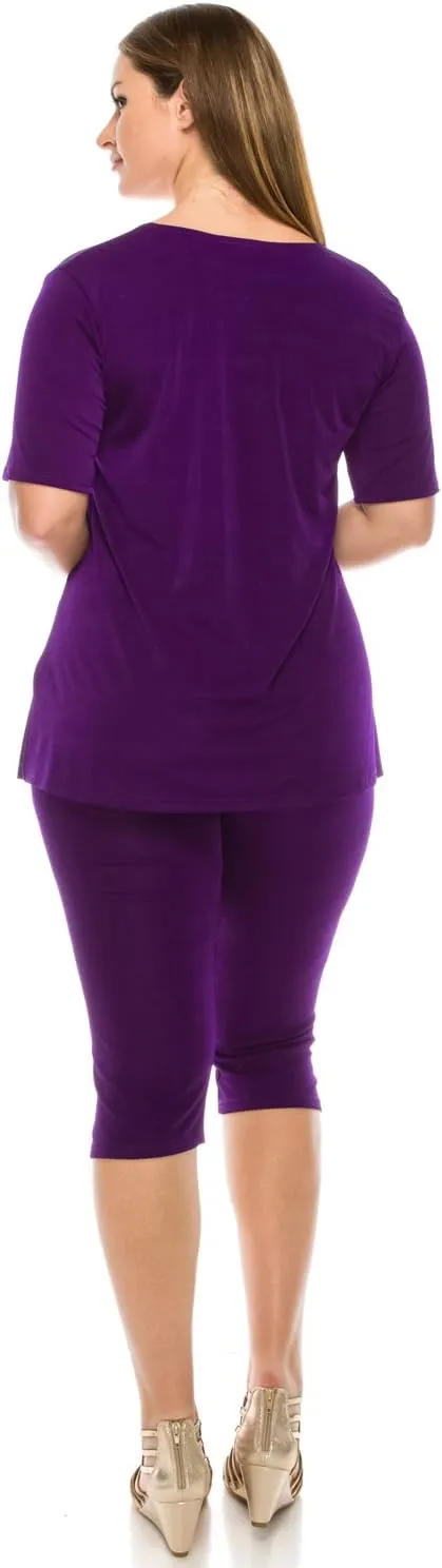 Jostar Women's 2 Piece Set – Short Sleeve T Shirts Top and Capri Pants with Side Slit Solid Casual Outfit