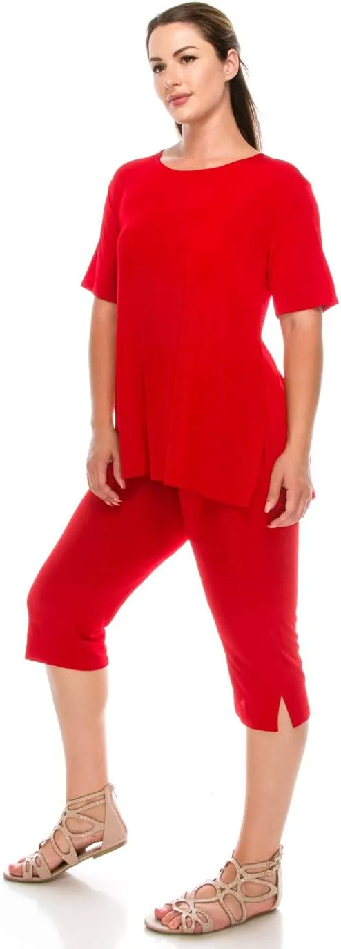 Jostar Women's 2 Piece Set – Short Sleeve T Shirts Top and Capri Pants with Side Slit Solid Casual Outfit