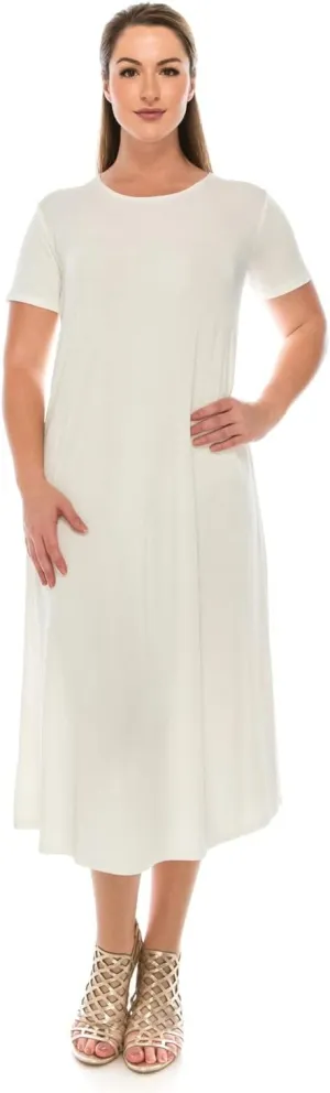 Jostar Women's Basic Midi Dress – Short Sleeve Basic Stretch Casual Swing Flowy T Shirt Long One Piece