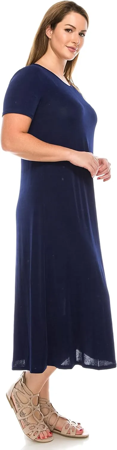 Jostar Women's Basic Midi Dress – Short Sleeve Basic Stretch Casual Swing Flowy T Shirt Long One Piece