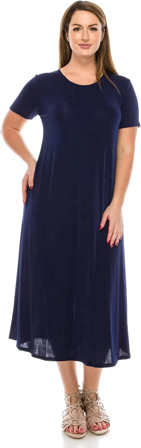 Jostar Women's Basic Midi Dress – Short Sleeve Basic Stretch Casual Swing Flowy T Shirt Long One Piece