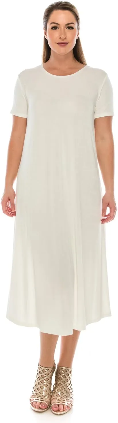 Jostar Women's Basic Midi Dress – Short Sleeve Basic Stretch Casual Swing Flowy T Shirt Long One Piece