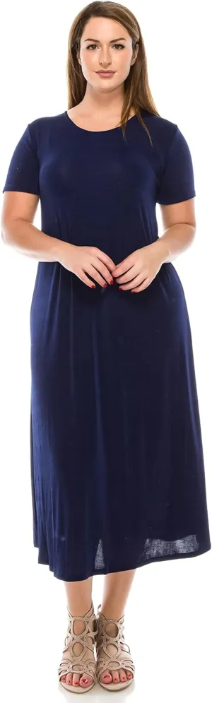 Jostar Women's Basic Midi Dress – Short Sleeve Basic Stretch Casual Swing Flowy T Shirt Long One Piece