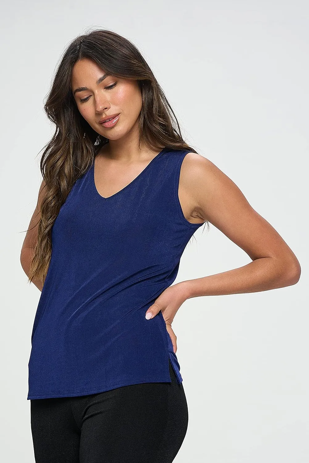 Jostar Women's Basic Tank Top - Sleeveless V-Neck Solid Print Casual T Shirts with Side Slit