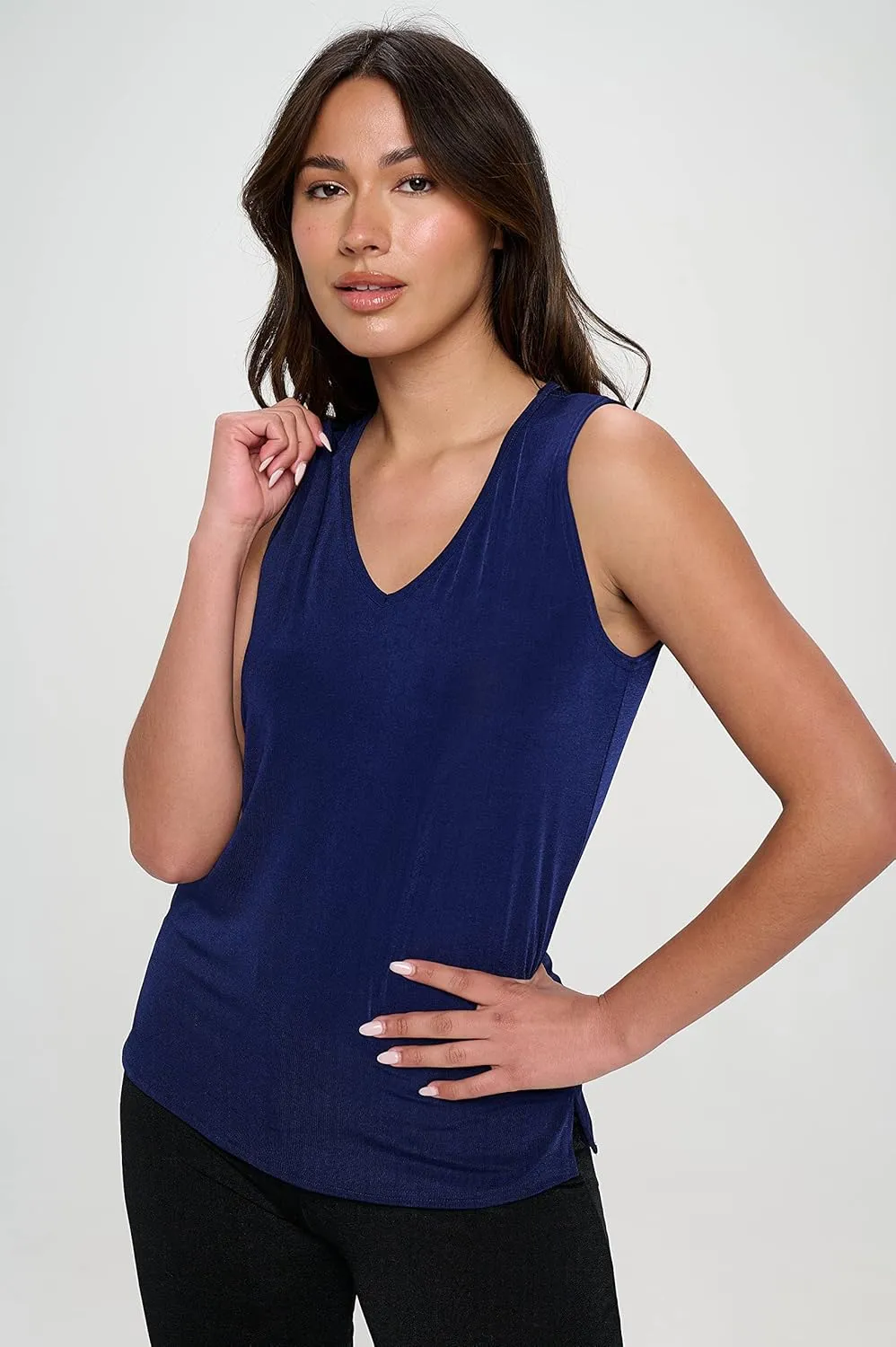 Jostar Women's Basic Tank Top - Sleeveless V-Neck Solid Print Casual T Shirts with Side Slit