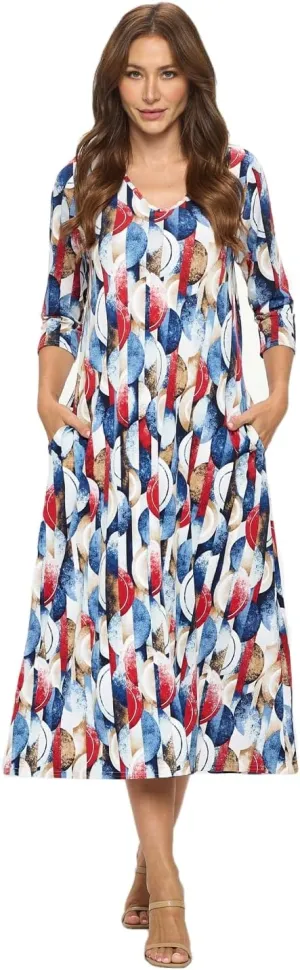 Jostar Women's Casual Long Dress – 3/4 Sleeve V-Neck Casual Print Solid One Piece with Pockets