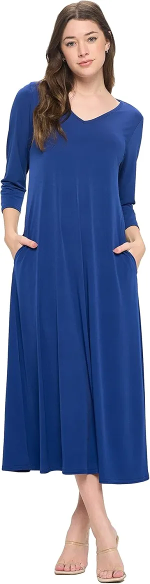 Jostar Women's Casual Long Dress – 3/4 Sleeve V-Neck Casual Print Solid One Piece with Pockets